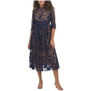 DALIA MACPHEE Three-quarter Sleeve Floral Lace Midi Dress